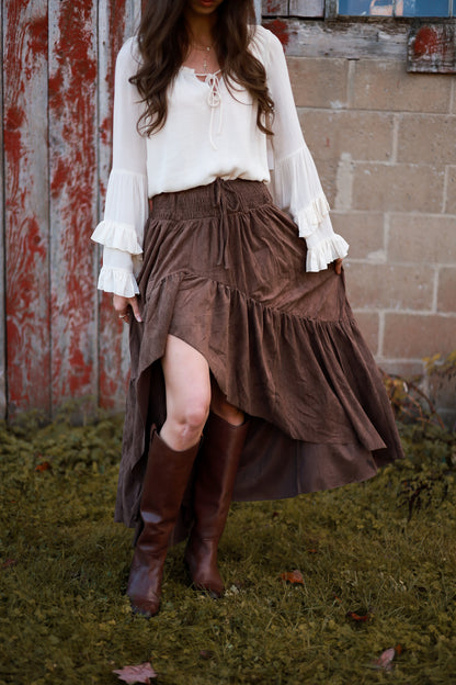 Rustic Bloom Suede Skirt- Espresso