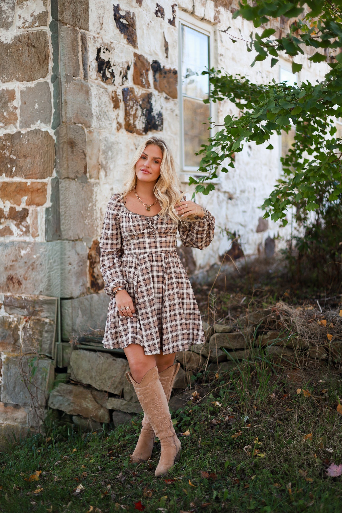 Brunette Bohème Plaid Mini Dress