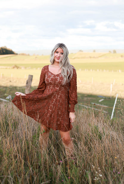 Fit and Flare Lace Mini Dress - Cinnamon