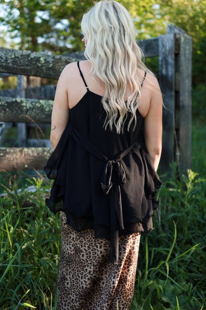 Asymmetrical Ruffle Chiffon Top - Black