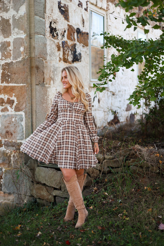 Brunette Bohème Plaid Mini Dress
