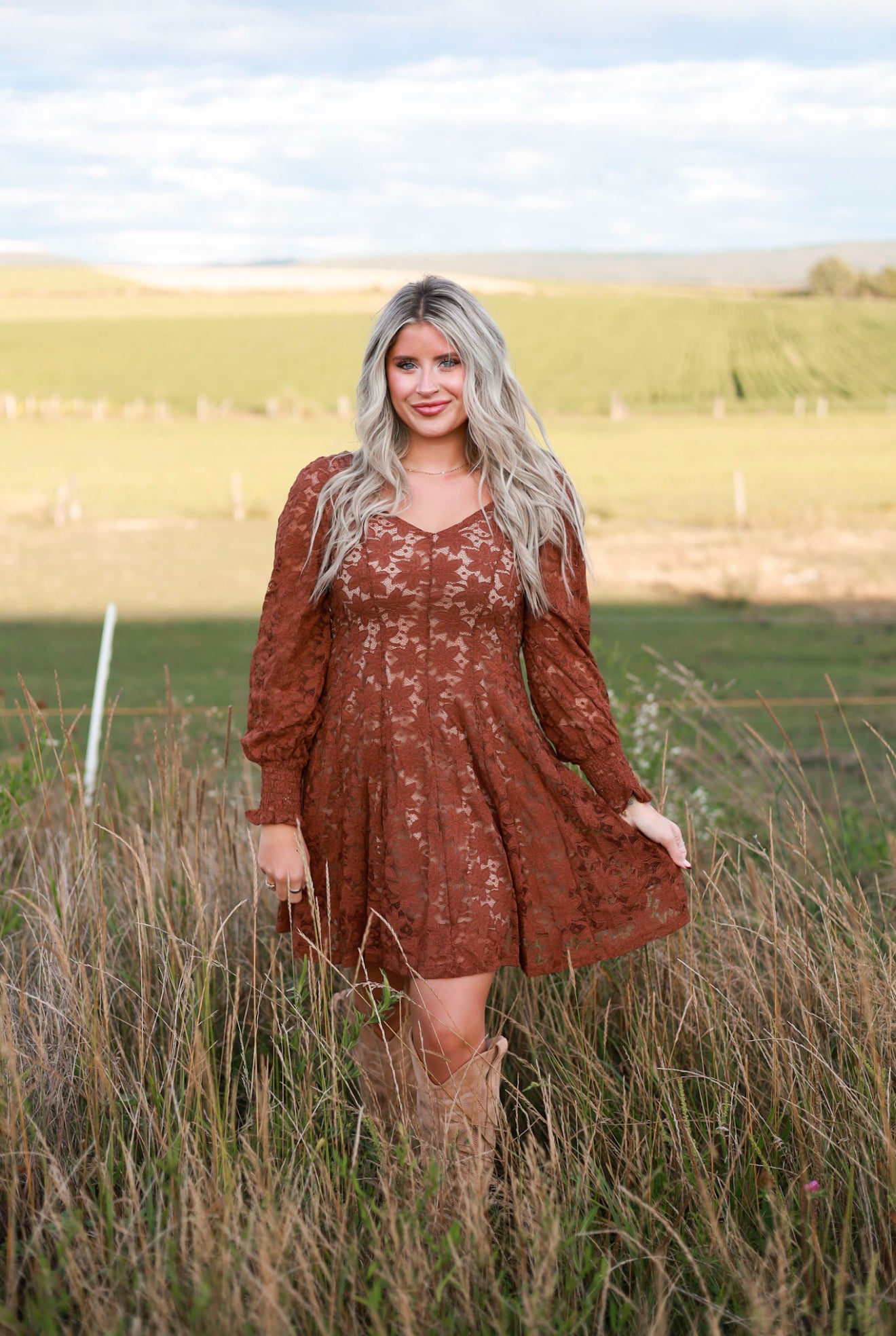 Fit and Flare Lace Mini Dress - Cinnamon