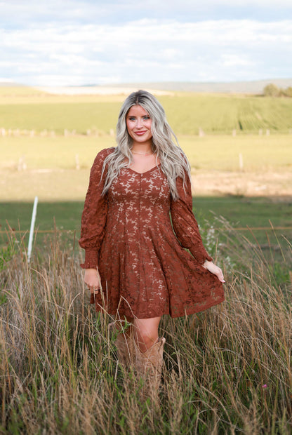 Fit and Flare Lace Mini Dress - Cinnamon
