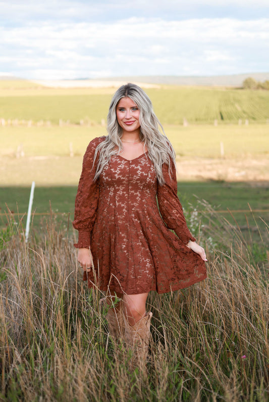 Fit and Flare Lace Mini Dress - Cinnamon