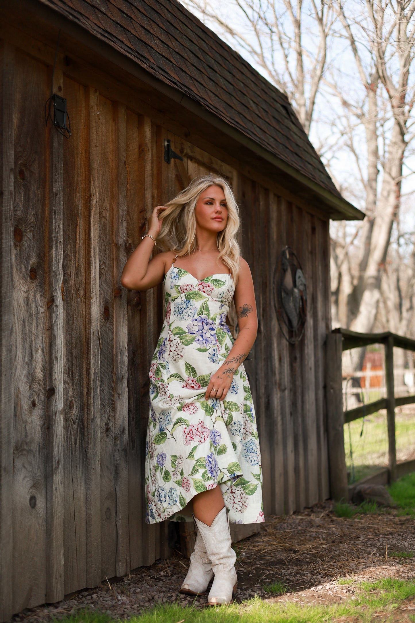 Hydrangea Fit and Flare Linen Midi Dress