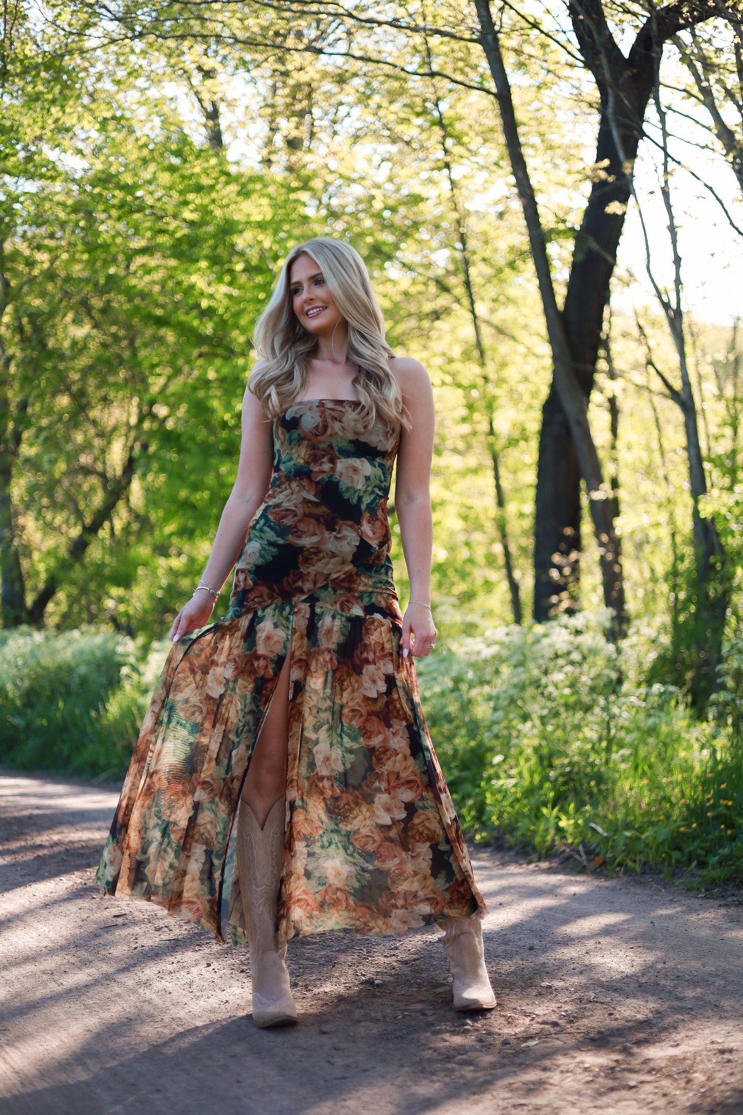 Floral Mesh Drop-Waist Maxi Dress