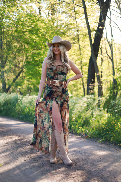 Floral Mesh Drop-Waist Maxi Dress