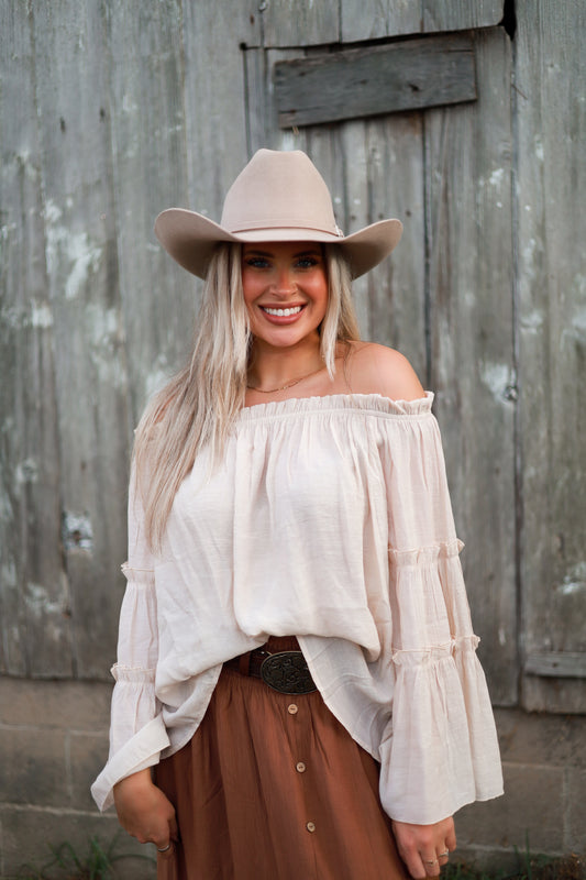 Linen Bell Sleeve Top - Cream