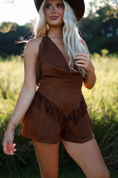 Outlaw Suede Fringe Romper - Caramel
