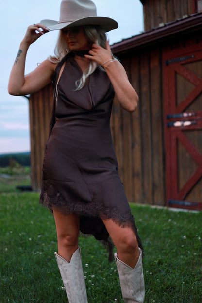 Satin Lace Scarf Dress - Saddle