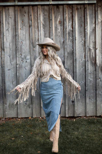 Suede Eyelet Fringe Jacket