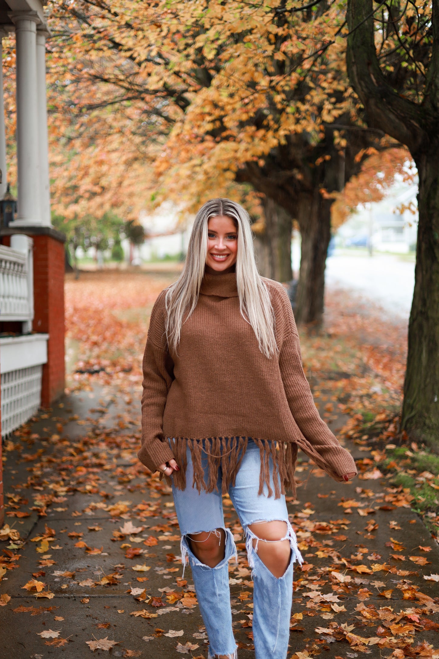 Fringe Hem Turtleneck Sweater - Café
