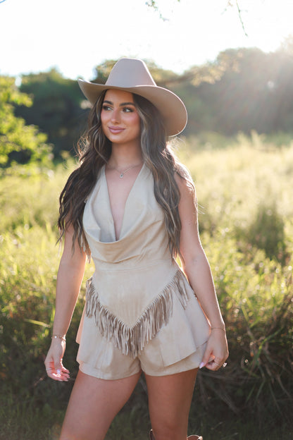 Outlaw Suede Fringe Romper - Cream