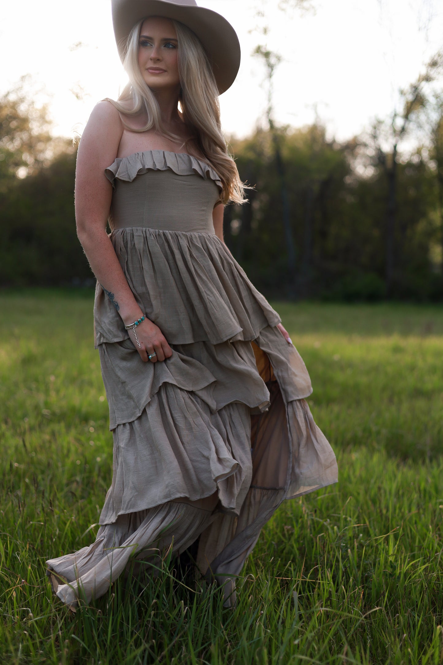 Meadow Muse Ruffle Dress - Beige
