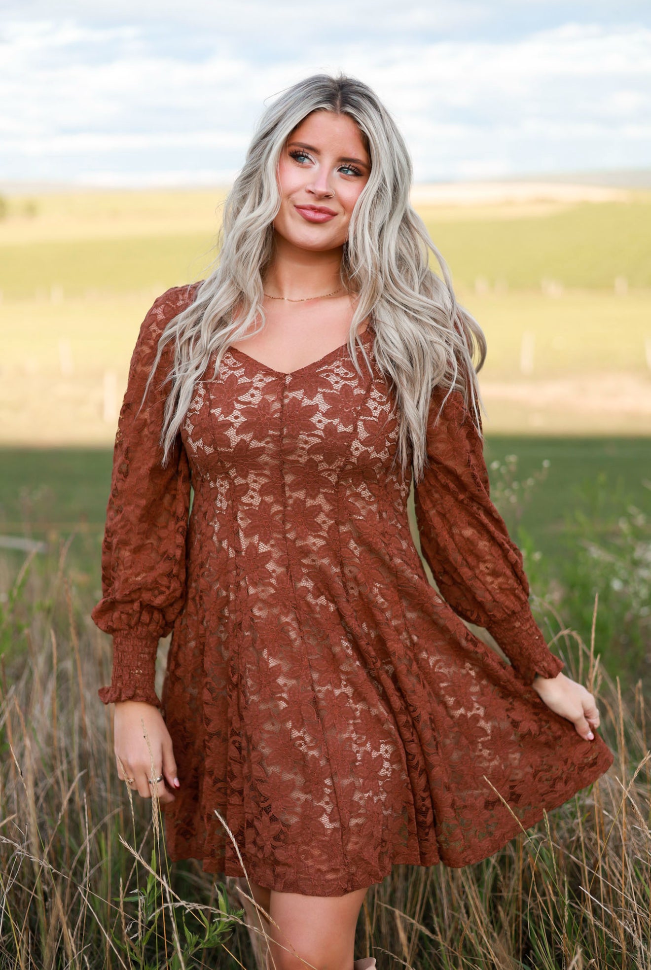 Fit and Flare Lace Mini Dress - Cinnamon