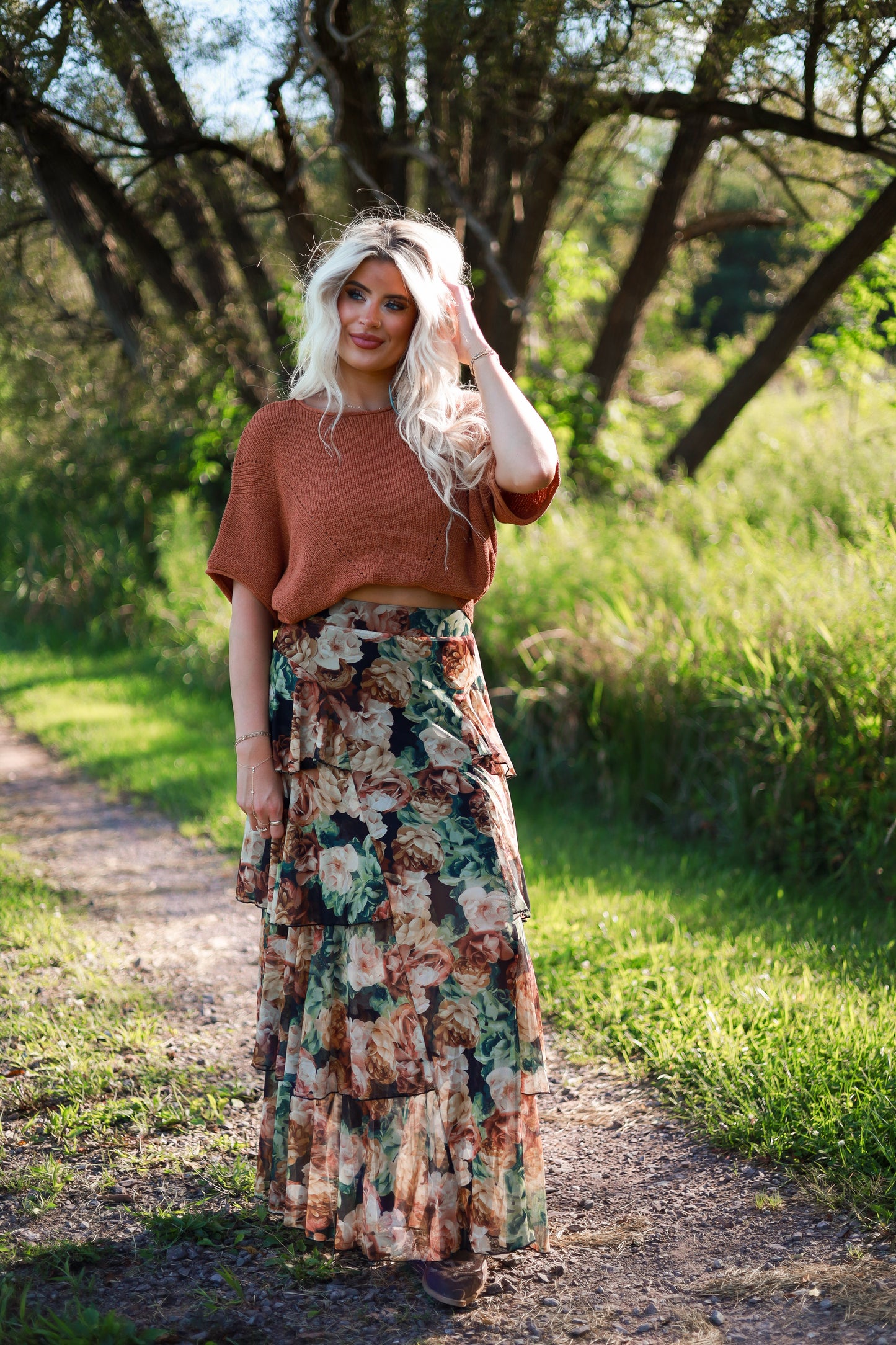 Autumn Floral Mesh Ruffle Skirt