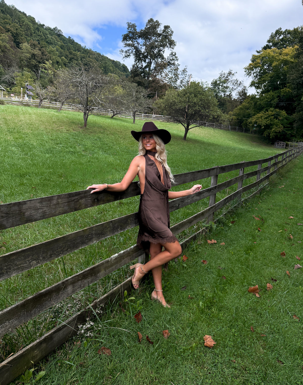 Satin Lace Scarf Dress - Saddle