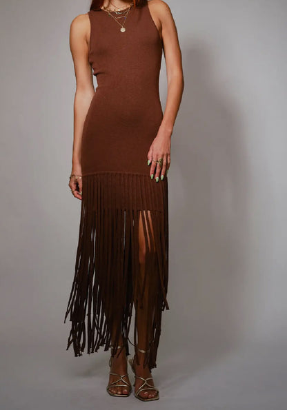 Knit Fringe Maxi Dress - Brown
