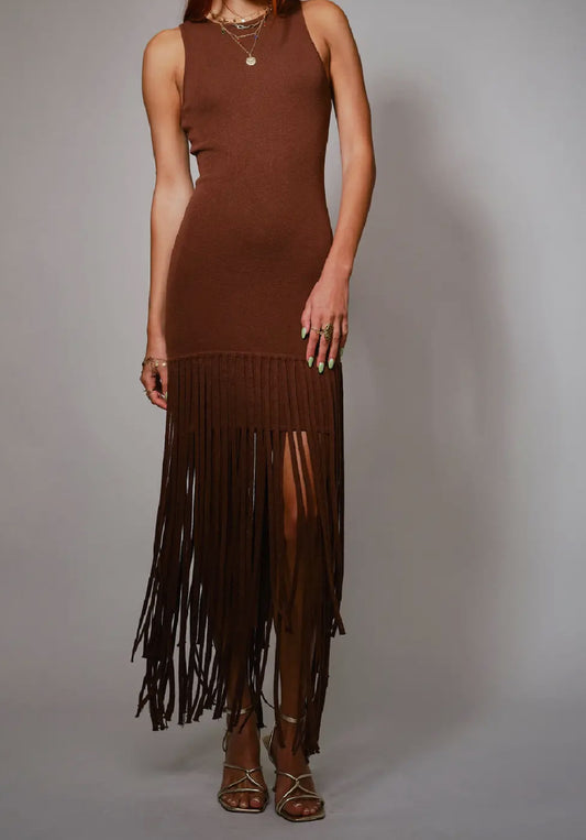 Knit Fringe Maxi Dress - Brown