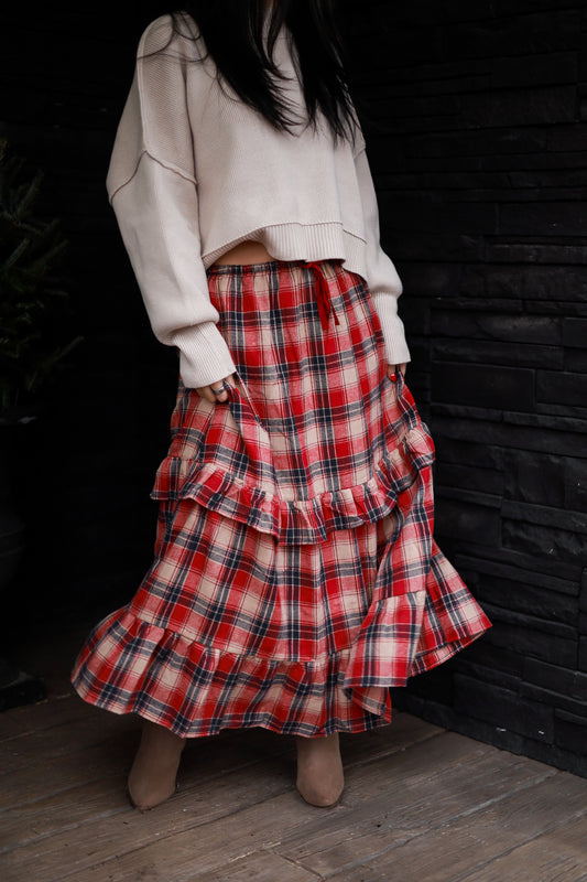 Cranberry Lane Ruffle Midi Skirt