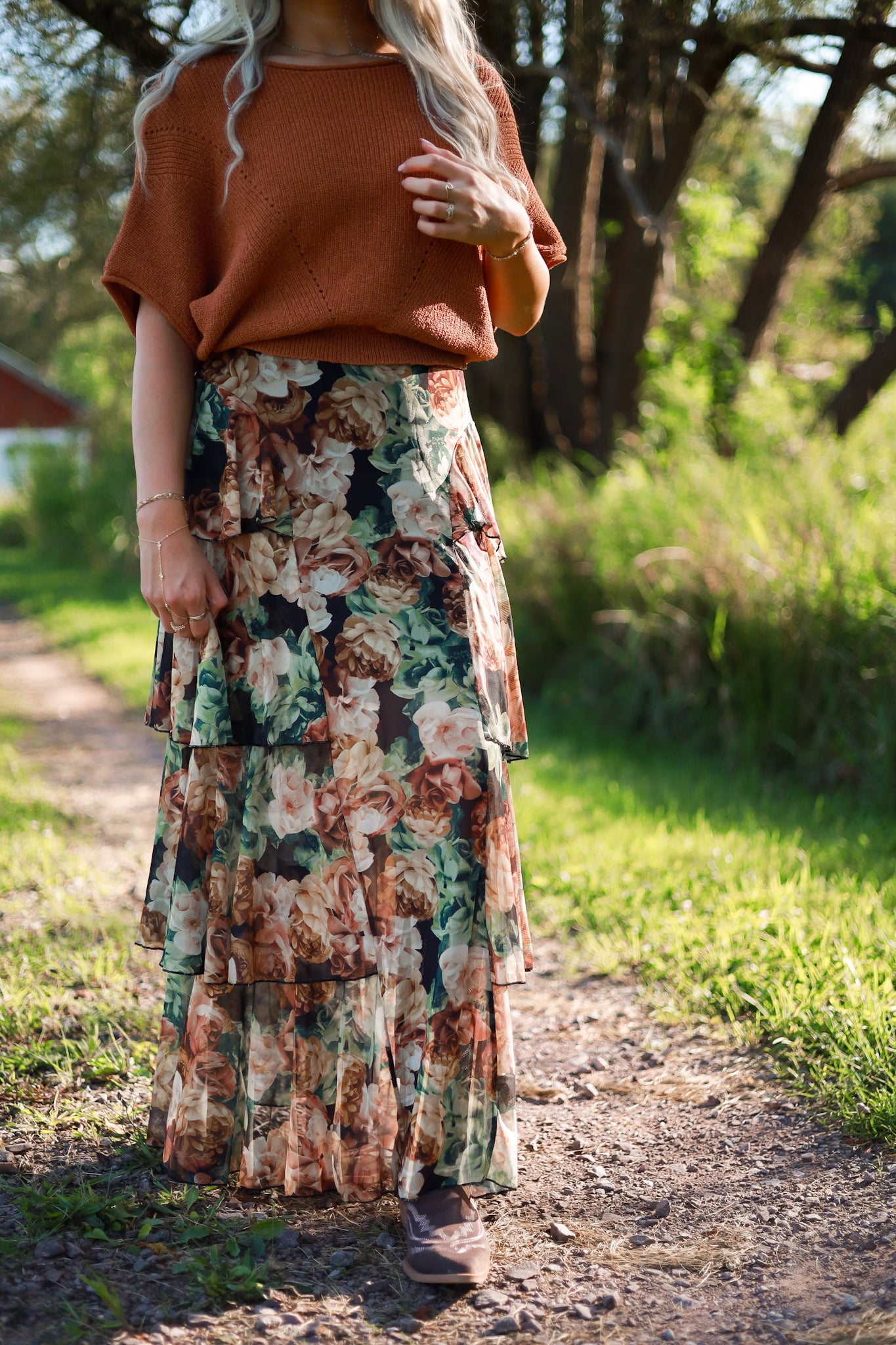 Autumn Floral Mesh Ruffle Skirt