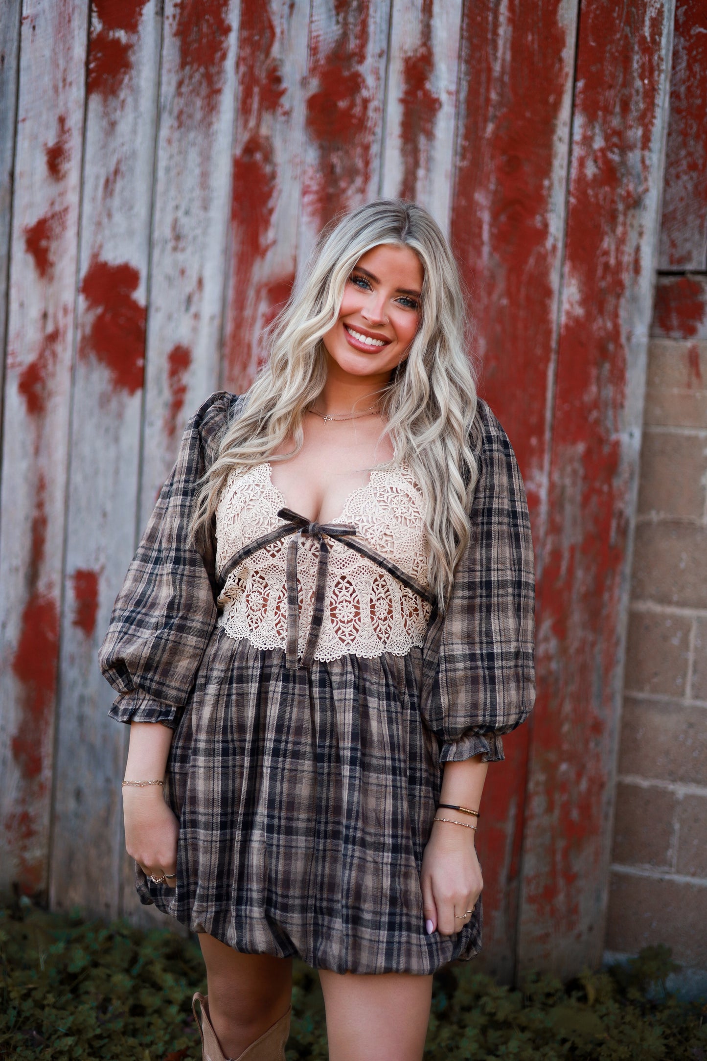 Lacewood Plaid Mini Dress - Baked Plum