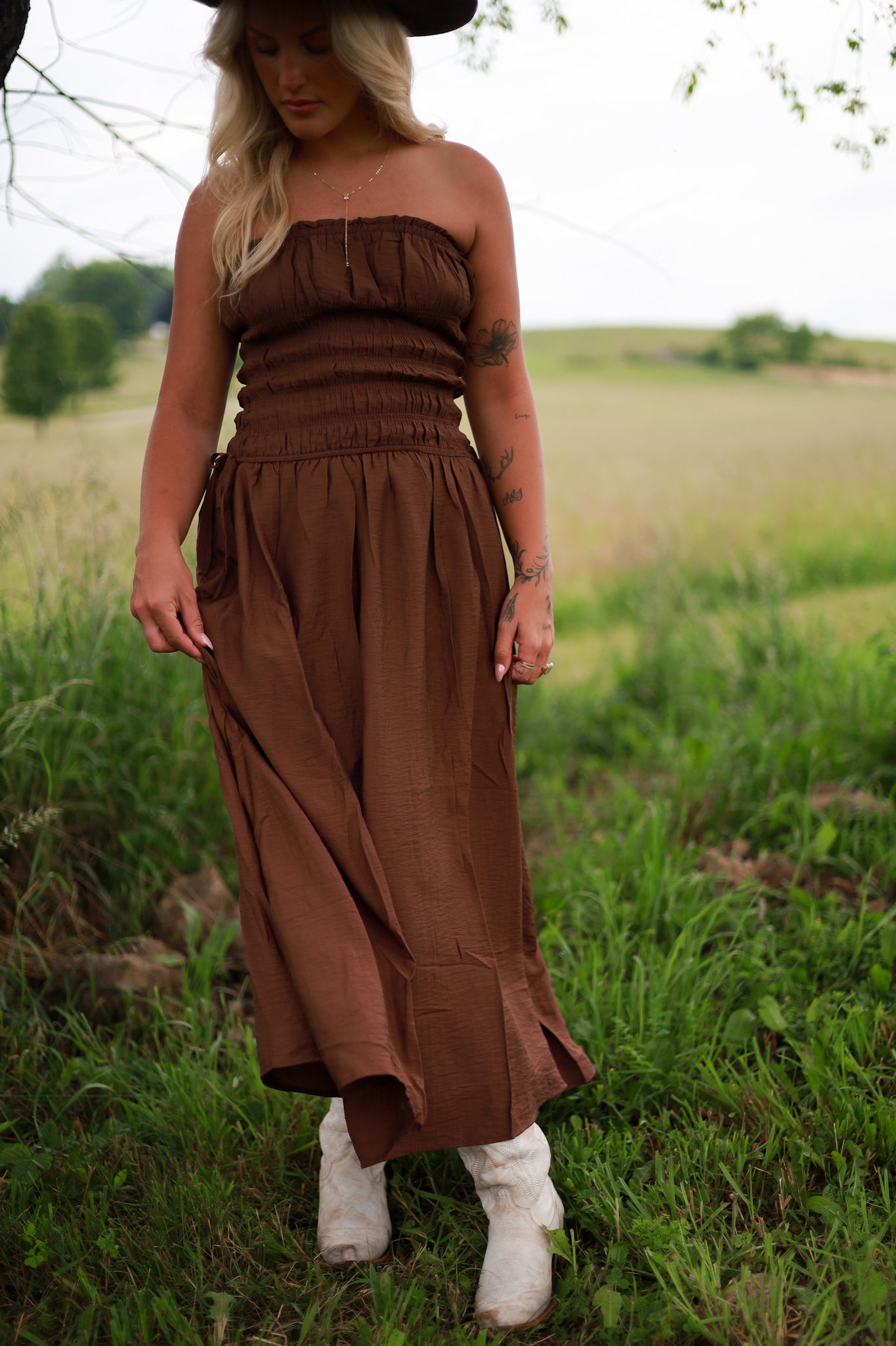 Brown Sugar Strapless Midi Dress