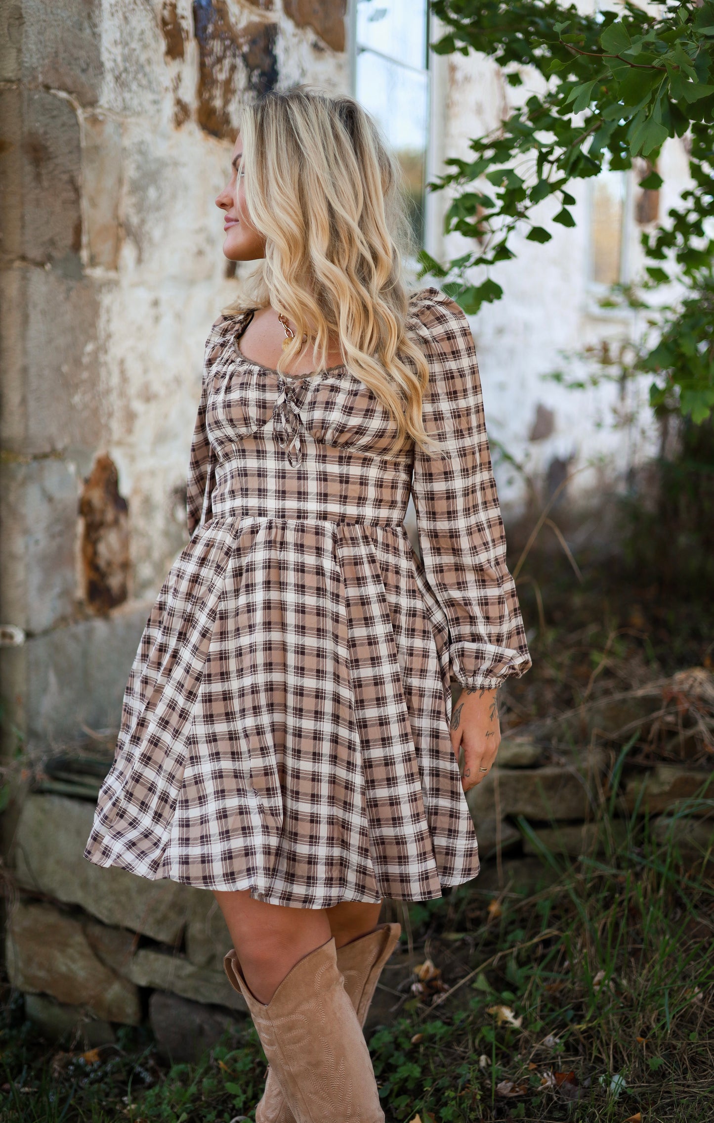 Brunette Bohème Plaid Mini Dress