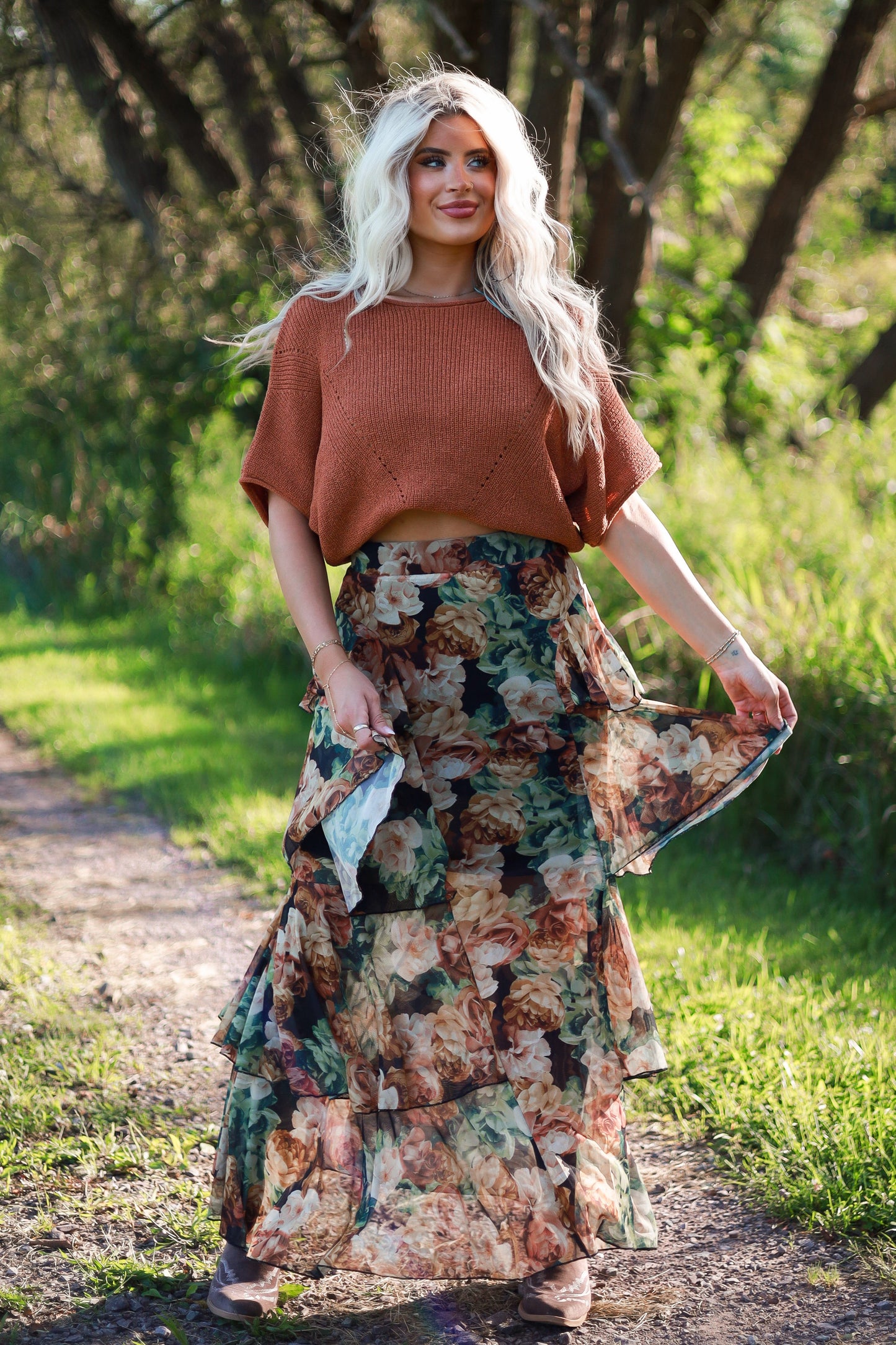Autumn Floral Mesh Ruffle Skirt