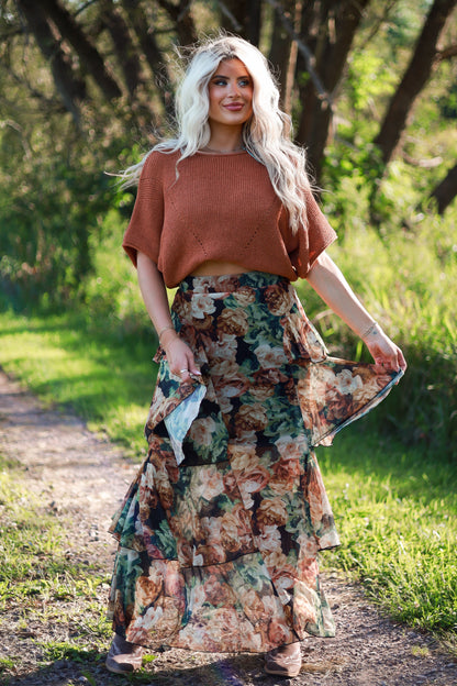 Autumn Floral Mesh Ruffle Skirt