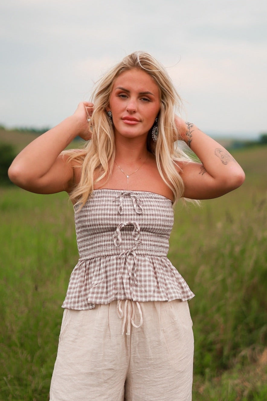 Strapless Plaid Tie Top