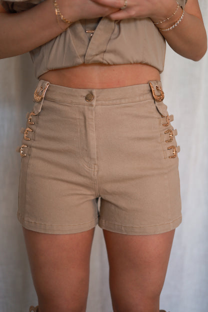 Golden Buckle Western Shorts - Beige