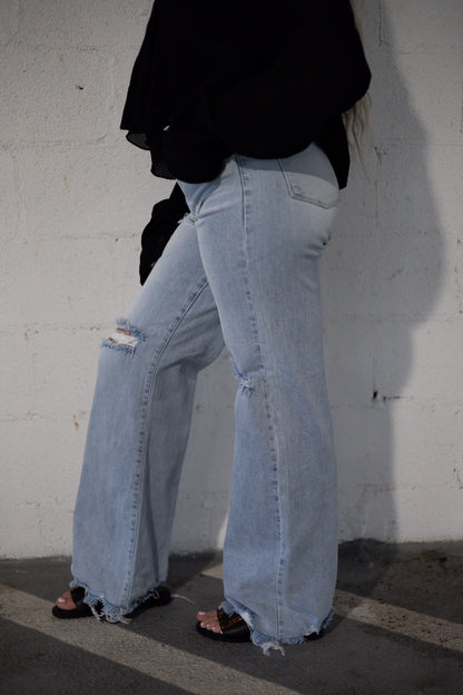 High Rise Distressed Wide Leg Denim - Light