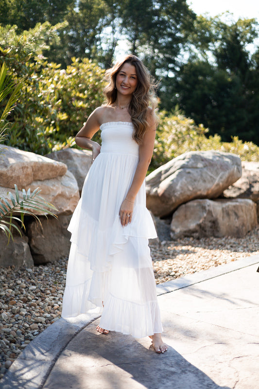 Bohemian Strapless Tiered Ruffle Midi Dress - White