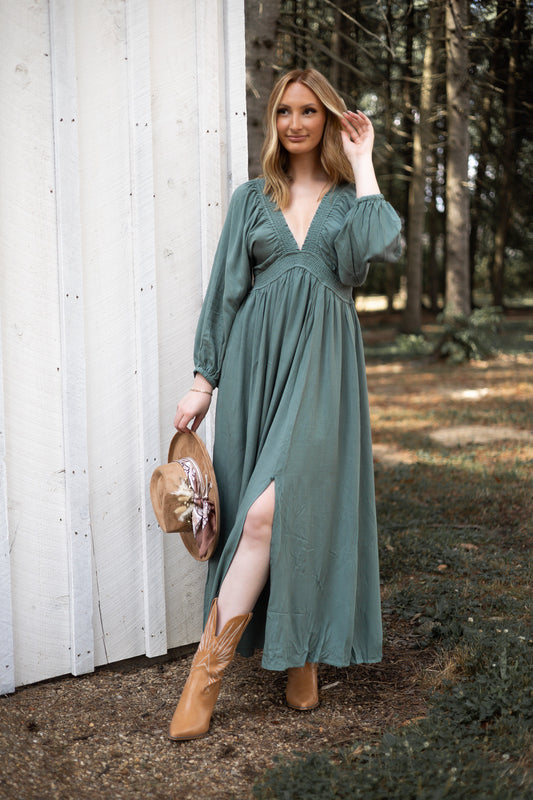 Plunge V-Neck Maxi Dress - Eucalyptus