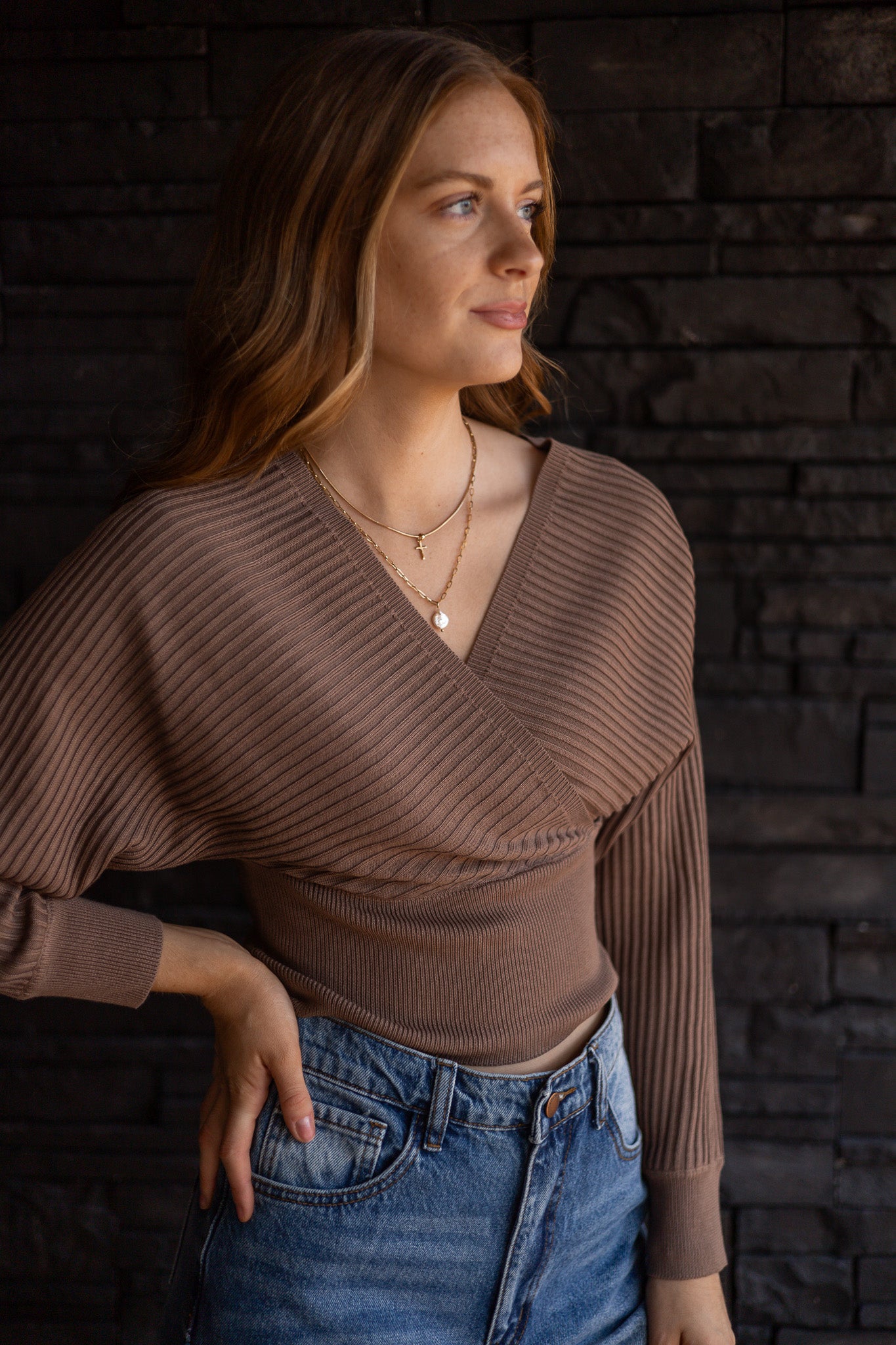 Surplice Neckline Ribbed Sweater - Coffee