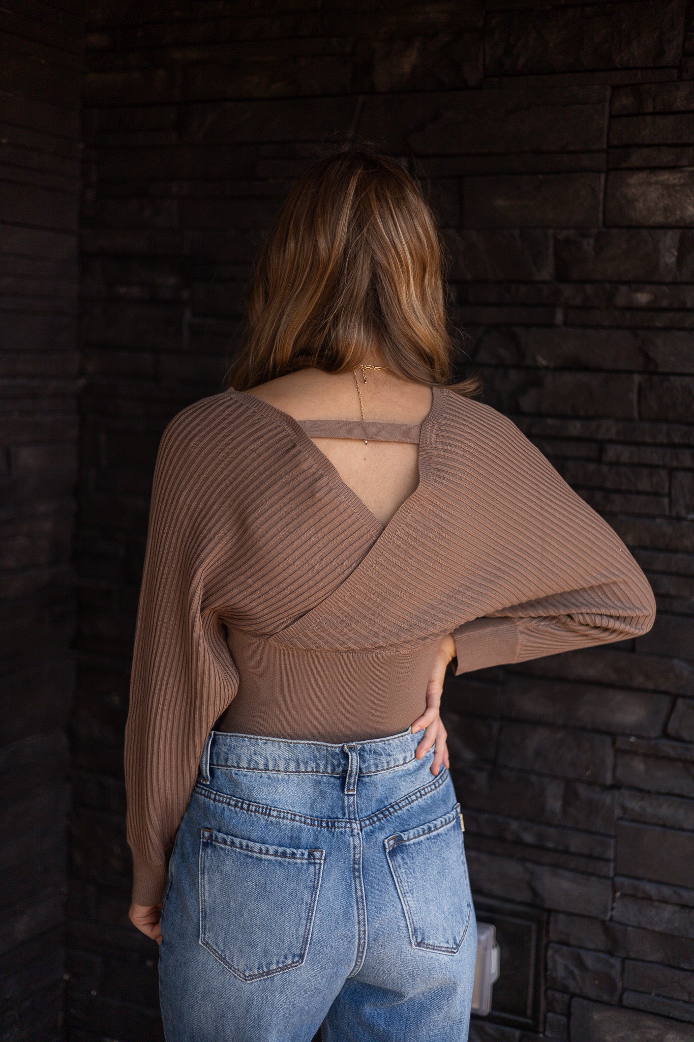 Surplice Neckline Ribbed Sweater - Coffee