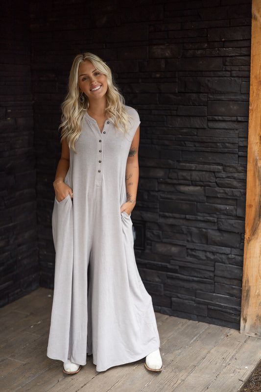 Front Porch Wide Leg Jumpsuit - Grey