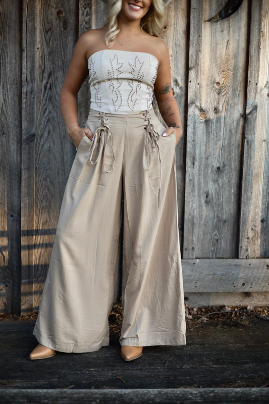 Taupe Front Lace-Up Wide Leg Pants