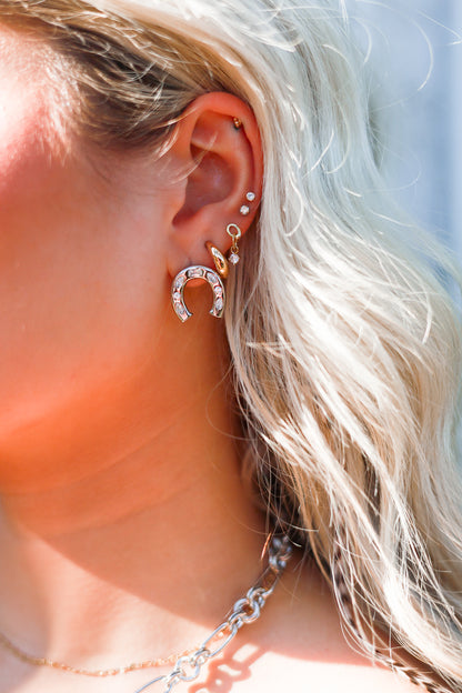 Diamond Horseshoe Stud Earrings - Silver