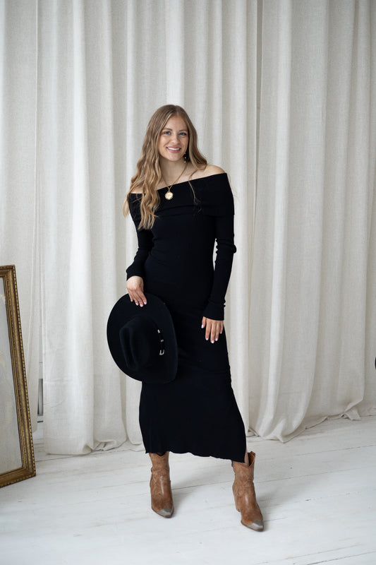 Off The Shoulder Ribbed Midi Dress - Black