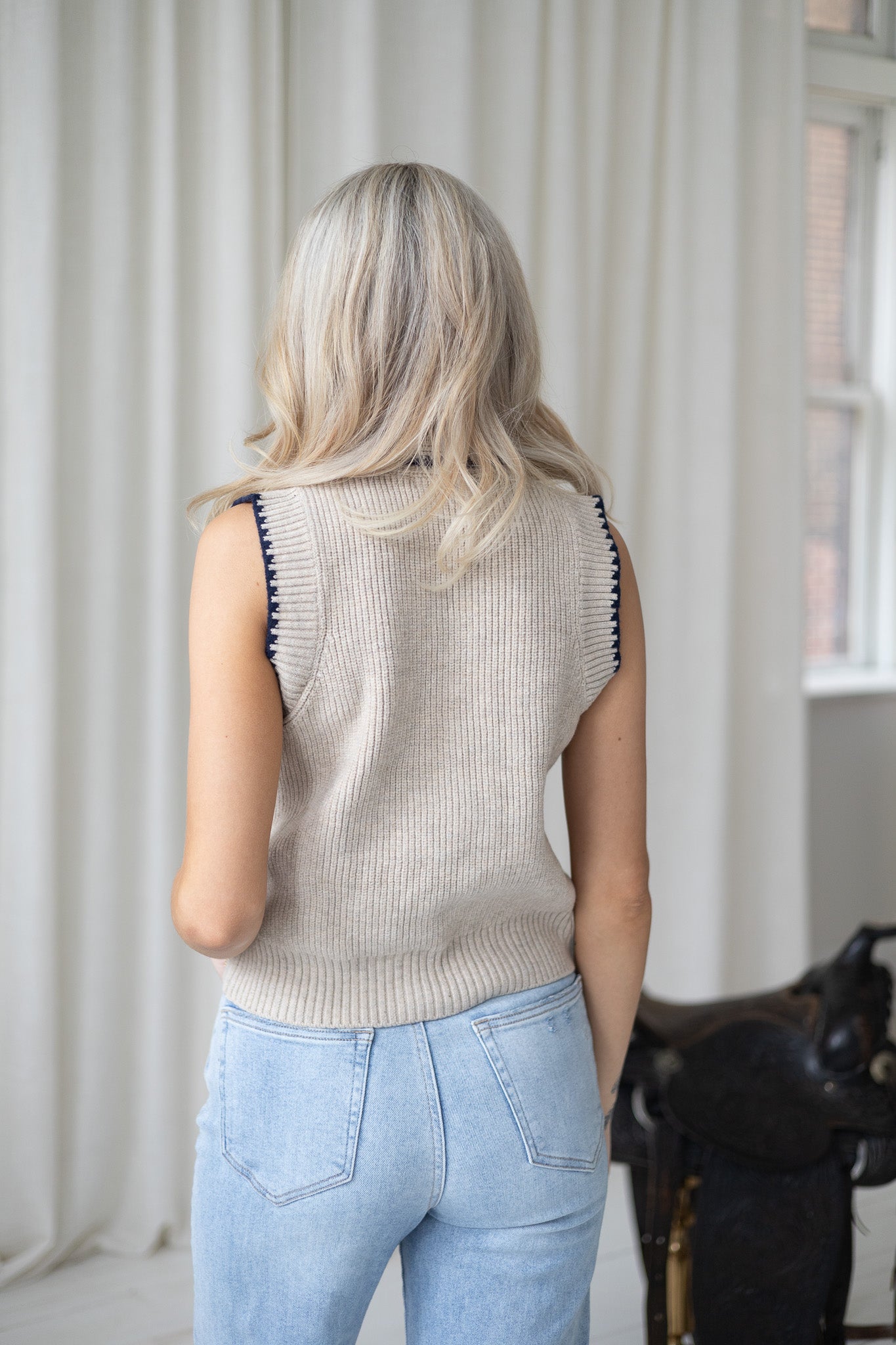 Beige Neck Tie Sweater Vest