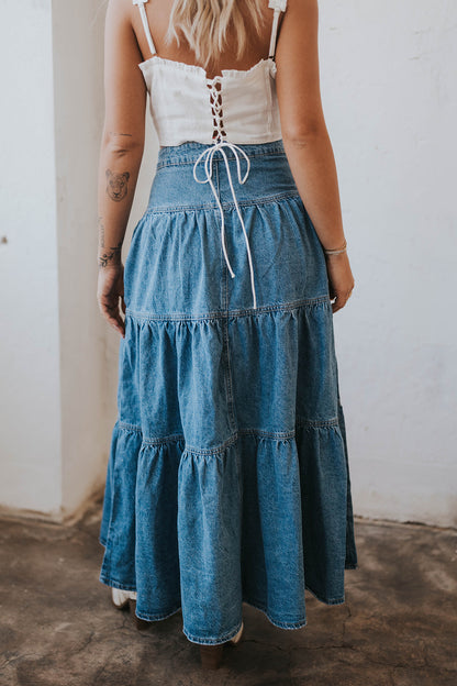 Tillie Ruffle Denim Maxi Skirt