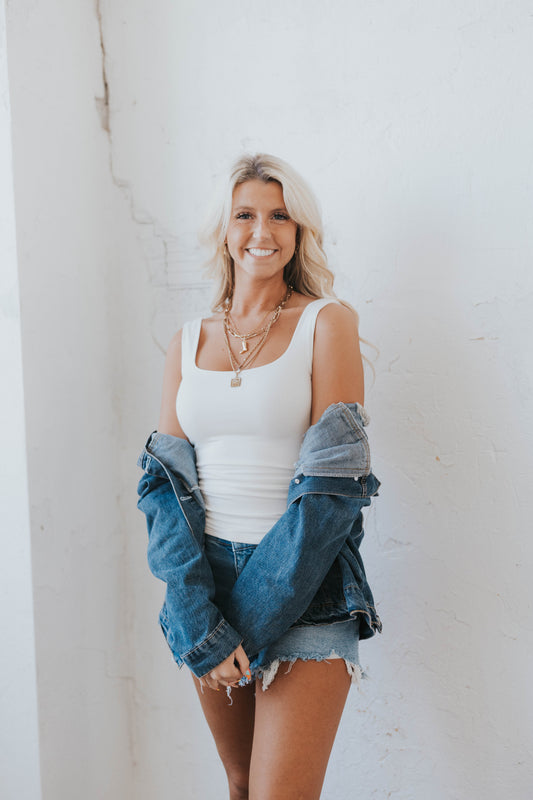 White Square Neck Tank Top