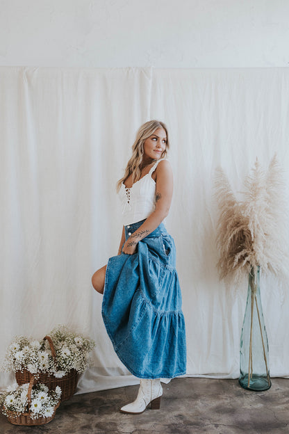 Tillie Ruffle Denim Maxi Skirt