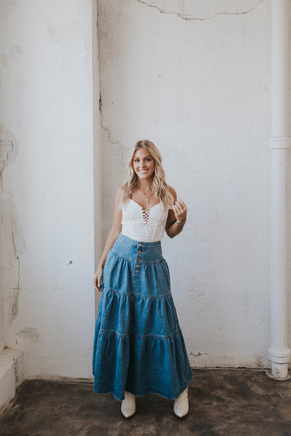 Tillie Ruffle Denim Maxi Skirt