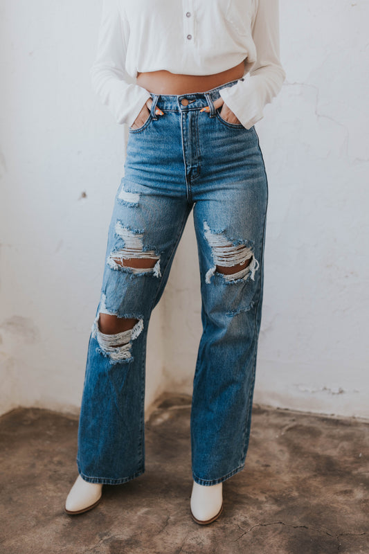 West Distressed Wide Leg Denim