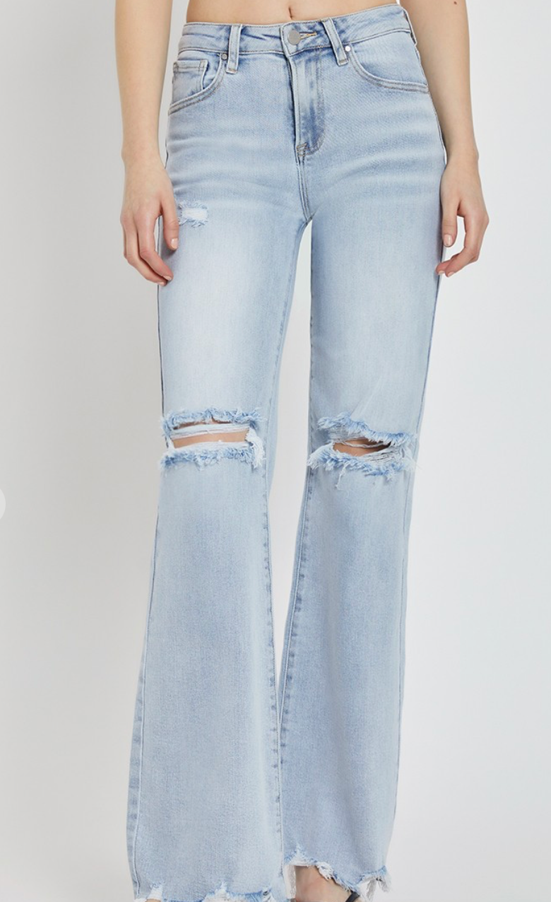 High Rise Distressed Wide Leg Denim - Light