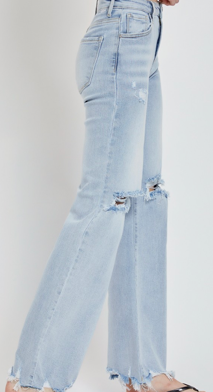 High Rise Distressed Wide Leg Denim - Light