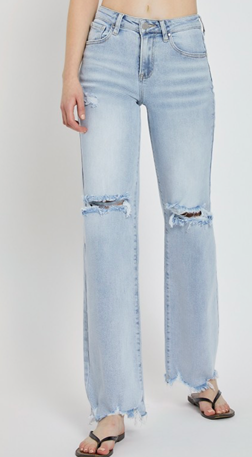 High Rise Distressed Wide Leg Denim - Light